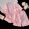 Pijama de Verão para Meninas Algodão Nuvem Manga Curta 2026 Novo Gatinho Gato Estilo Doce Fofo Pijama para Crianças Maiores