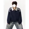 2026 Moletom com Gola Lapela Bordado Color Block Estilo Americano Retrô Masculino Blusa de Manga Longa Solta para Outono Estilo College Camisa Polo
