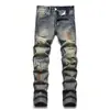 Jeans para hombre hechos a medida de fábricas transfronterizas, pantalones ajustados rectos de alta resistencia, rasgados, patchwork, desgastados, de moda para la calle