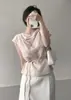 O tamanho foi atualizado: Camisa Top Feminina Elegante Coreana com Gola Drapeada, Cintura Amarrada, Afinando, Franzida, Manga Curta Leve, para o Trabalho