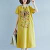 Vestido de Verão Novo Estilo Étnico Bordado de Algodão e Linho Feminino Vintage Artístico Solto Casual de Manga Curta Estilo Ocidental Comprimento Médio