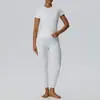 Conjunto de yoga estilo europeo y americano, sensación de segunda piel, secado rápido, top deportivo de manga corta cepillado por ambos lados y pantalones de yoga de cintura alta, conjunto de dos piezas para correr y fitness