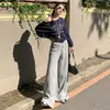 Pantalones casuales de contraste de doble cintura estilo coreano para mujer, cintura elástica con cordón, diseño holgado, pierna ancha, pantalones rectos