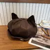 Boina Retrô Maillard com Orelhas de Gato em Couro PU para Mulheres, Chapéu de Artista Oitavado para Afinar o Rosto no Outono e Inverno