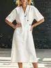 Vestido Longo Casual de Algodão e Linho com Gola V, Botões, Manga Curta e Bolsos - Estilo Europeu e Americano, Cruzado para TikTok, Primavera/Verão 2026
