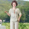 Novo Conjunto Estilo Chinês para Mãe Verão Camiseta de Manga Curta Calça Solta Roupas Elegantes para Mulheres de Meia-Idade e Idosas Roupas de Avó