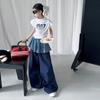 Traje de Verano para Niñas 2025 Nueva Moda Niña Estilo Coreano Estilo Infantil Mediano y Grande Denim Cortina Trasera Manga Corta Conjunto de Dos Piezas