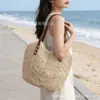 Bolsa de Palha de Ráfia e Corda de Algodão de Grande Capacidade para o Verão, Bolsa de Ombro, Bolsa Tecida à Mão, Bolsa de Praia para Férias na Beira-Mar