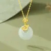 Collar Original con Diseño de Hoja de Ginkgo y Jade Hetian para Mujer, Plata Pura, Colgante Artístico Retro Estilo Chino Nuevo, Cadena Pequeña para Clavícula de la Fortuna