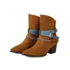 Botas de Couro Femininas Tamanho 35-43 Estilo Europeu e Americano, Botas de Cano Médio Bico Redondo Salto Alto, Botas de Couro Femininas Cor Sólida Camurça Salto Grosso Tamanho Extra Grande