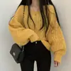 Suéter Versátil de Colores Caramelo para Primavera y Otoño 2026, Suéter Ajustado Adelgazante, Corte Holgado, Tejido Grueso, Suéter de Punto Casual con Mangas de Farol para Mujer