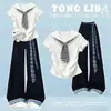 Conjunto de Moda Verão 2026 para Crianças Médias e Grandes Conjunto de Duas Peças Camiseta de Manga Curta com Gola Cachecol Azul Marinho Calça Casual Versátil de Perna Larga