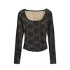 Camiseta blanca de manga larga con encaje y cuello en U para mujer, adecuada para verano y otoño, corte ajustado, elegante, top básico puro y sexy
