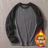 Camiseta masculina de manga comprida Raglan de veludo dupla face, outono e inverno, costura quente, cor contrastante, camisa básica, gola redonda solta, top de casal