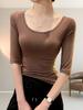 Camiseta Negra de Modal de Manga Media para Mujer, Manga Corta, Fina para Primavera/Verano, Cuello Bajo, Corte Ajustado, Manga Tres Cuartos, Top Base