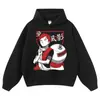 Sudadera con capucha de estilo americano para calle, color negro lavado desgastado, con estampado gráfico, hombros caídos, corte extragrande y diseño moderno inspirado en el anime