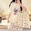 Conjunto de Pijama de Algodão Yunduo de Três Peças para Mulheres Verão Novo Manga Curta Shorts Calça Pulôver Gola Redonda Desenho Animado Conjunto de Roupas para Casa