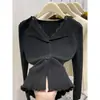 Top de punto estilo francés con escote en V de encaje y manga larga con volantes para mujer, nuevo de primavera 2026, ajuste ceñido, camiseta básica