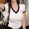 Camiseta de Manga Corta para Mujer con Retazos de Color Sólido y Cuello en V, Ajustada, Nueva de Primavera, Transfronteriza de Amazon Pg9359