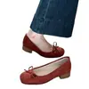 Zapatos de Tacón Grueso para Combinar con Faldas, Zapatos de Boca Baja Individuales para Mujer, Nuevo Estilo Primavera 2026, Zapatos de Salón con Moño y Punta Redonda Brisa Suave de Noche