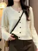 Cardigan de Tricô Feminino Outono Estilo Doce Coreano Gola Redonda Manga Longa Tamanho Plus Size MM Cheinha Emagrecedor Solto Temperamento Versátil Top