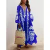 Vestido de Moda Europea y Americana Transfronterizo 2025 para Mujer, Holgado, de Manga Larga, con Cordones, Cuello en V, Estampado, Dobladillo Ancho
