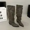 Botas Melard de bico fino com pregas e salto bloco para mulheres, botas de cano alto estilo cowboy com fivela de cinto, botas western cowboy vintage de cano largo