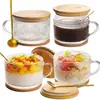 Taza de leche de gran venta en Amazon, taza de vidrio con relieve vintage, taza de café con asa para el hogar con cuchara y tapa de madera, taza de avena