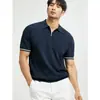 Camisa de Punto de Manga Corta para Hombre Verano 2025 Estilo Británico Slim Color Puro Seda de Hielo Nueva Camisa de Solapa Manga Corta Camiseta Básica