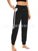 Calça de Corrida Esportiva Feminina Europeia e Americana com Cintura Elástica, Cordão, Listras Brancas Laterais, Calça Fitness de Cor Contrastante, Leggings para Mulheres