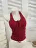 Sexy top de tiras halter con lazo, estampado de corazones y lunares para mujer, corte ajustado, longitud media, top sin espalda sexy para llevar sobre otra prenda