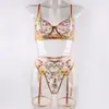 En Stock Varsbaby Marca Independiente Europea y Americana Lencería Sexy Bordada para Mujer + Tanga Cinturón de Ligueros Sujetador Conjunto de Tres Piezas