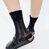 Nuevos Calcetines para Mujer Primavera y Verano 2025 Calcetines de Media Pantorrilla Calcetines de Malla con Corte Artístico Negro Versátil Moda Mismo Estilo Blanco y Negro Clásico