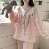 Pijama de Terciopelo Coral para Mujer en Otoño e Invierno Estilo Dulce de Princesa Encaje Manga Larga Forro Polar Engrosado Cálido Conjunto de Ropa para el Hogar