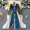 Vestido Camisa de Mezclilla con Bloques de Color, Mangas Largas, Solapa, Un Botón, Tiras de Empalme, Cintura Ceñida, Aspecto Adelgazante, Moda Nueva 2024