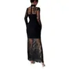 Vestido de mujer de Amazon transfronterizo elegante con retazos de encaje negro, cuello alto, manga larga, transparente, ajustado, bodycon