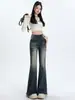 Jeans de Campana Retro Americanos para Mujer, Nuevos de Cintura Alta Elásticos Ajustados al Cuerpo, Diseño Adelgazante, Borde Deshilachado, Pantalones de Herradura