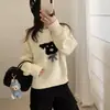 Suéter de Tricô Jacquard com Laço Estilo Coreano para Cachorro, Gola Redonda, para Mulheres, Outono e Inverno, Novo, Solto, Redutor de Idade, Peça Grossa