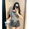 Pijama Corto de Manga Corta de Dos Piezas Falsas de Color Contrastante Retro Coreano para Mujer Verano Nuevo Talla Grande Pantalones Cortos Rayados Ropa de Casa Conjunto de Dos Piezas