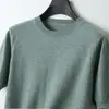 Nova coleção outono e inverno: Suéter 100% lã, camiseta masculina de manga curta com gola redonda, blusa de tricô pulôver, cashmere liso de manga curta