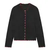 Cardigan de Tricô Canelado Color Block Estilo Coreano para Mulheres, Suéter Curto de Manga Longa com Gola Redonda Fino, Roupas Femininas de Comércio Exterior