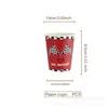 Vasos de papel, platos de papel, servilletas de papel, mantel y cubiertos de plástico desechables a cuadros rojos y blancos para fiesta de carreras, disponibles en stock