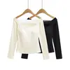 2577-26 Primavera Estilo Coreano Estilo Puro Desejo Liso Manga Longa Gola Redonda Renda Costurada Camiseta Pulôver Camada de Base