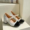 Primavera e verão 2025 Novo estilo francês Retro Chanel Style Color-matching Pearl Salto grosso Bico redondo Sapatos Mary Jane Salto alto feminino