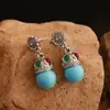 Nuevos Pendientes de Botón de Aleación Estilo Chino Plata de Tíbet Turquesa Moda Versátil Nicho Pendientes de Gama Alta Diseño Elegante Pendientes para Mujer