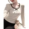 Camiseta de Manga Larga Estampada con Adorno de Encaje Dulce Estilo Japonés Diseño Otoño e Invierno 2025 Top Base Ajustado Corto
