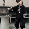 Sudadera Negra de Retazos para Niños Conjunto Falso de Dos Piezas 2025 Nuevo Estilo Primavera y Otoño para Niños Traje de Sudadera con Retazos a Cuadros