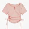 Camiseta de Color Sólido Corta Ajustada de Cuello en V Manga Corta para Mujer Nuevo Diseño Estilo Coreano Nicho Sexy Top de un Solo Hombro
