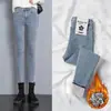 Jeans Calientes de Cintura Alta para Mujer Ajustados Ajustados Nuevos Forrados de Polar Engrosados Estilo Coreano Ceñidos Versátiles Pantalones de Lápiz