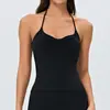Top de tirantes finos cruzados con cuello halter para yoga para mujer con almohadillas extraíbles en el pecho, ropa de fitness, camiseta deportiva ajustada para Pilates